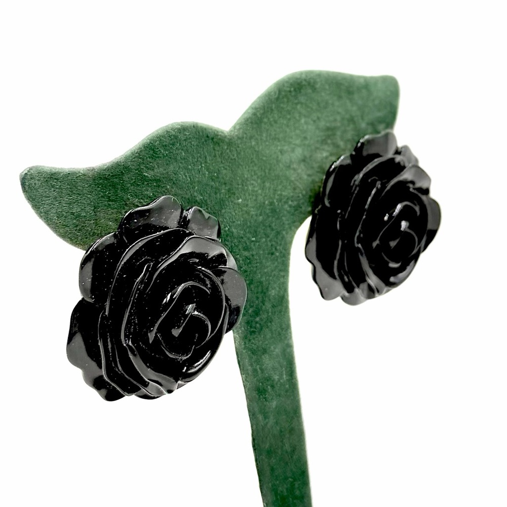 Vintage KJL Kenneth Jay Lane Black Rose Flower Resin Earrings - Picture 3 of 11